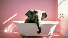 Baby Elephant Taking A Bath In A Bathtub, Concept Of Animal Hygiene And Domestication Of Wild Animals. Graceful Elephant Enjoying A Relaxing Bath. Pink Wall. Generative AI