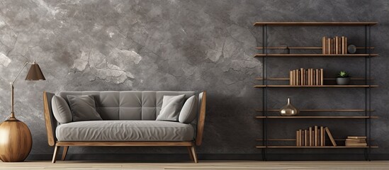 Room with a decorative background grey stone wall wooden decor and a brown parquet floor with a sofa and bookshelf style