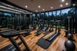 A home gym with cardio equipment and mirrored walls.