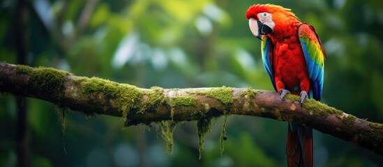 Sticker - Scarlet Macaw perched on palm tree trunk in Panama surrounded by tropical forest