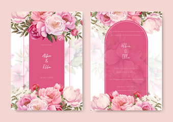 Wall Mural - a wedding invitation template with pink flower with pink line border and white background