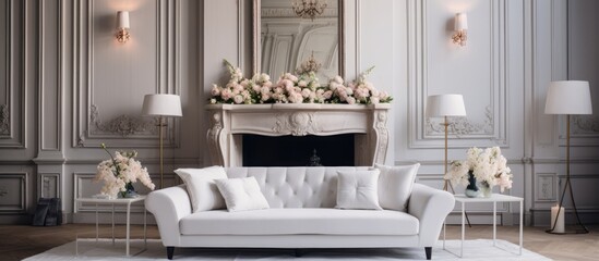 Canvas Print - Luxurious apartments with classic interior featuring a white fireplace sofa large windows and chandelier