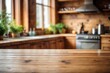 © Marpa - Wooden table on blurred kitchen bench background. Empty wooden table and blurred kitchen background