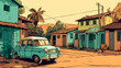 Line art illustration of a Vintage car in the middle of a typical Indian village in India, AI Generated.