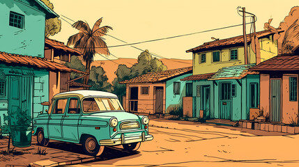 Wall Mural - Line art illustration of a Vintage car in the middle of a typical Indian village in India, AI Generated.