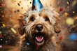 Cute dog wearing a party hat. Pet celebrating his birthday.