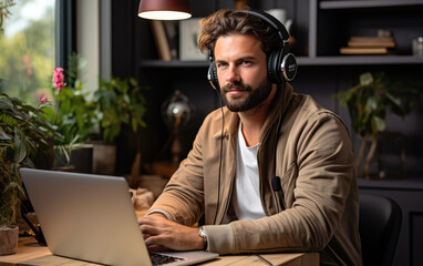 Man is very serious during video conference. she is looking in laptop in home office sitting behind her computer. Generative AI