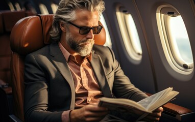 Poster - Rich man in suit seating on first class seat place in airplane and reading newspaper. Generative AI