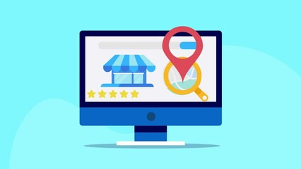 Wall Mural - browsing business location map on search engine page, retail store with customer review on computer 
