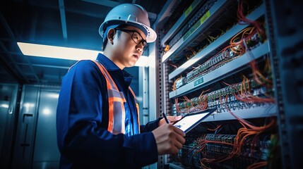 Wall Mural - real photo of Asian electrical engineer wearing safety helmet inspecting home electrical system with tools and tablet at indoor building site.