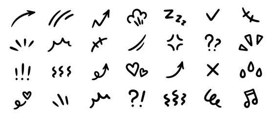 Fototapete - Line movement effect element, cartoon emotion effect decoration icon. Hand drawn cute doodle line element arrow, emphasis, shock, sparkle. Anime movement, express shape. Vector illustration.