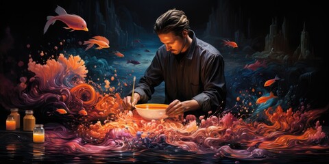 Wall Mural - a man artist creating imaginative abstract fluid paint drip swirl art. colorful bursts of watercolor