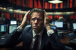 © Sergio - Upset trader broker holding his head on stock exchange. Economic crisis, trading falling stock prices