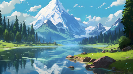 beautiful natural scenery forest lake and mountains illustration style