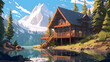 beautiful natural scenery forest lake and mountains illustration style