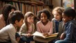 © Oulaphone - Happy Group of kids sitting on floor in circle around with teacher in library for listening a story