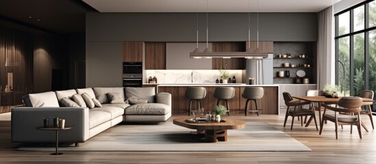 Sticker - open plan room with beige sofa armchairs round coffee table and kitchen with gray and dark wooden elements