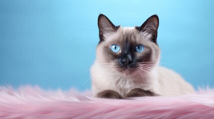 Wall Mural - a beautiful blue-eyed Siamese cat lies on a pink blanket on a blue background