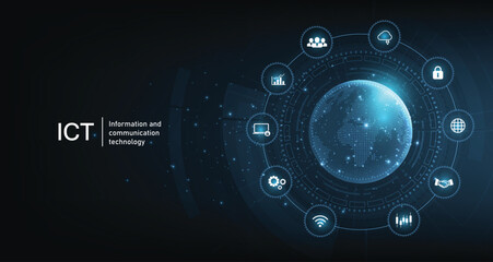 Information and communication technology(ICT)concept.Information and communication technology on dark blue background. Wireless communication network. Intelligent system automation.