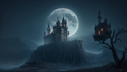 Wall Mural - A castle located in a desolate, dead forest that foggy night. The moon shone down with an erie glow - AI Generative