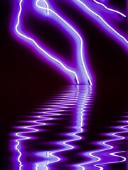 Wall Mural - glowing deep flowing edged purple on a black background lightening plasma spark with ripples and water reflection