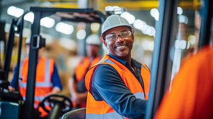 A logistics employee is operating a forklift truck in a busy warehouse.