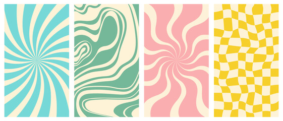 Wall Mural - Groovy hippie 70s vector backgrounds set. Chessboard and twisted patterns. Backgrounds in trendy retro trippy style.Twisted and distorted vector texture in trendy retro psychedelic style.