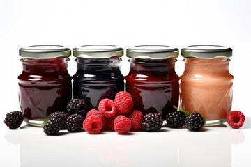 Wall Mural - Group of jars filled with delicious homemade jams made from raspberries and blackberries. Perfect for adding burst of fruity flavor to your breakfast or desserts.