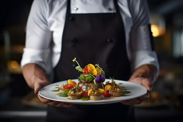 Wall Mural - Modern food stylist decorating meal for presentation in restaurant. Close up of food stylish. Restaurant serving. Close-up on the hand of a waiter carrying food