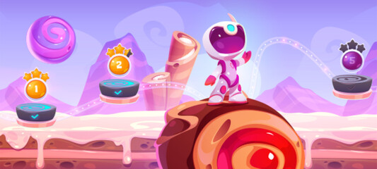 Wall Mural - candy game level map with road in sky cartoon illustration. food space background and galaxy world d