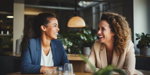 Canvas Print - Portrait of two businesswomen laughing at each other in coffee shop