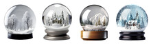 Crystal Ball Snow Globe On Transparent Background Cutout. PNG File. Many Assorted Different Design. Mockup Template For Artwork Design