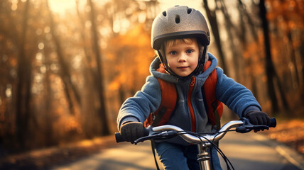 A child boy in bicycle helmet riding a bicycle for the first time.