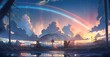 © SaraY Studio - Beautiful rainbow in the evening sky theme in digital art painting style