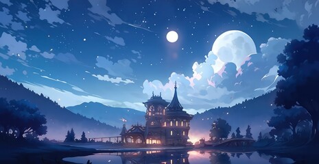 Wall Mural - Beautiful night with star and moon in fairytale theme in digital art painting style 