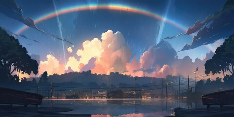 Wall Mural - Beautiful rainbow in the evening sky theme in digital art painting style 