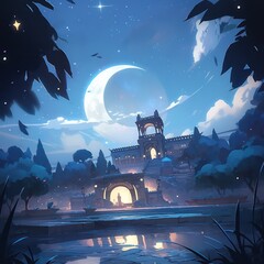 Sticker - Fantasy land in the midlenight with starry and moon sky in digital art painting anime style wallpaper background 