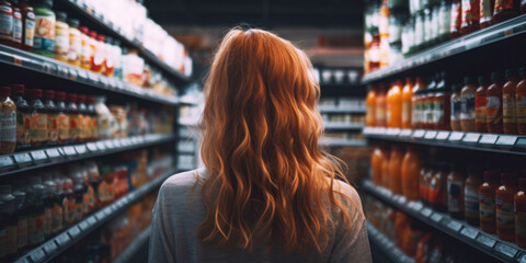 grocery food shopping in supermarket business concept, young female woman behind view in retail shop store buying goods looking at merchandise arranged in shelves