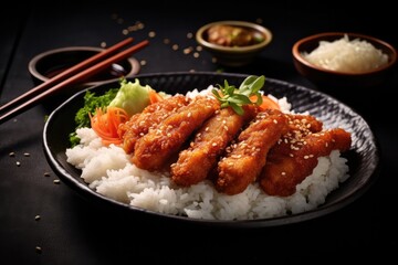 Wall Mural - Crispy Katsu chicken with sauce and rice , copy space ,Generative AI.