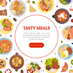 Canvas Print - Different Food Banner Design with Tasty Dish Served on Plate Vector Template