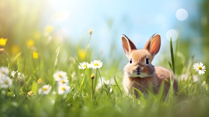 Background of rabbits in the field, copy space. Generative AI.