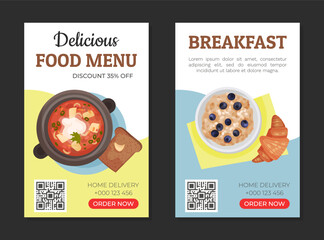 Poster - Different Food Banner Design with Tasty Dish Served on Plate Vector Template