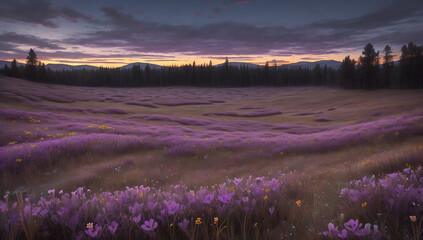 Wall Mural - Purple wildflowers bloom in meadow at dusk - AI Generative