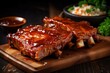 Delicious pork ribs slathered in flavorful barbecue sauce. Generative AI