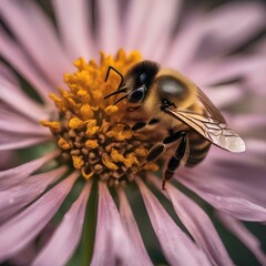 A close-up photograph of a bee pollinating a vibrant flower, covered in pollen grains2