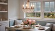 A cozy corner within a Cottage-style dining room, featuring a built-in nook with bench seating, floral tableware, and a vintage chandelier, with space for text. AI generated