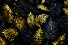 Tropical Exotic Pattern With Shiny Golden Palm Leaves On Dark Black Background.