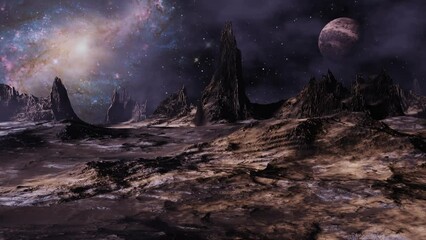 Wall Mural - Alien planet dramatic landscape dolly camera movement 3D render.