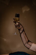 A woman's hand in a glove holds a glass of champagne. Place for text
