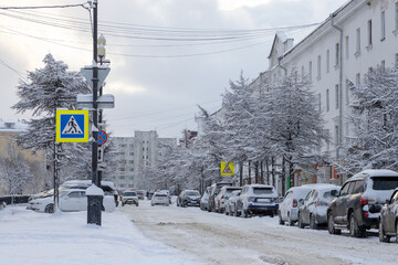 Wall Mural - Snow-covered city street after a snowfall. Winter cityscape. View of the snow-covered roadway, cars and trees. Cars are parked on the side of the road. Pedestrian crossing sign. Cold snowy weather.